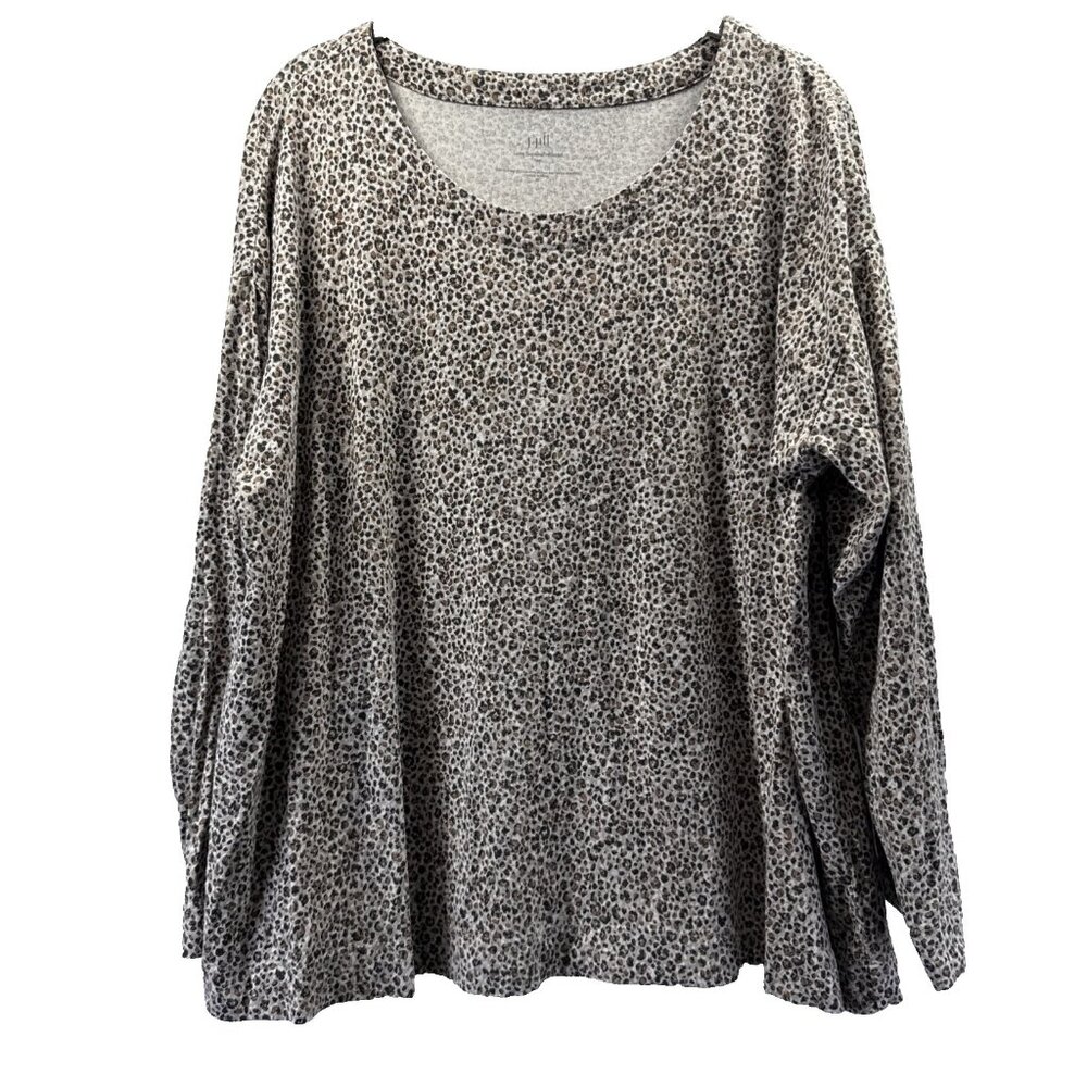 J Jill Luxe Suprema Relaxed Tee Top Size XL Animal Print Black Brown Long Sleeve